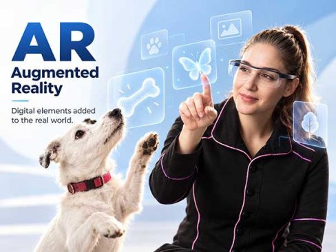 Woman using augmented reality glasses to display digital objects as her dog reaches toward a virtual bone.