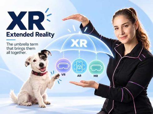 Woman and her dog presenting an extended reality (XR) umbrella illustration connecting virtual reality, augmented reality and mixed reality.
