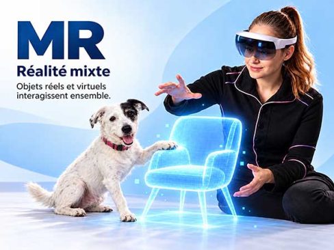 Une femme portant un casque de réalité mixte MR interagit avec un fauteuil holographique que son chien tente de toucher avec sa patte.