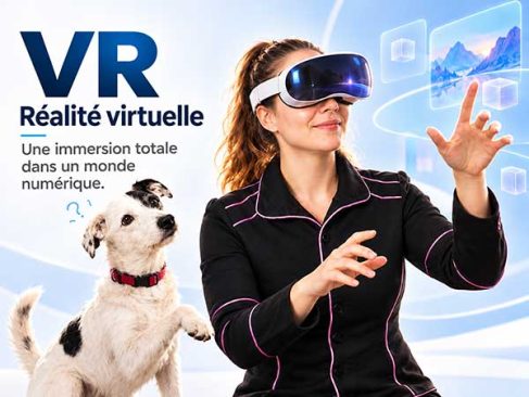 Michael Kolchesky porte un casque de réalité virtuelle VR tandis que son chien intrigué tente de comprendre ce qu'elle voit.
