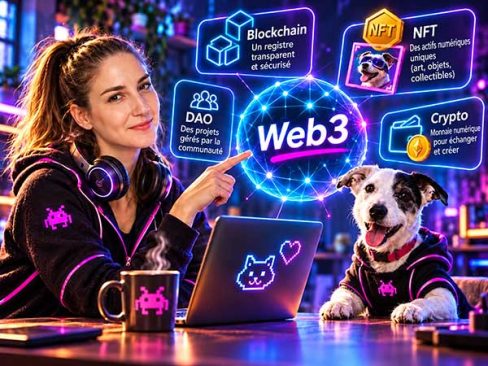 Michael Kolchesky et son chien découvrent le Web3 devant des illustrations lumineuses de la blockchain, des NFT, des DAO et des cryptomonnaies.