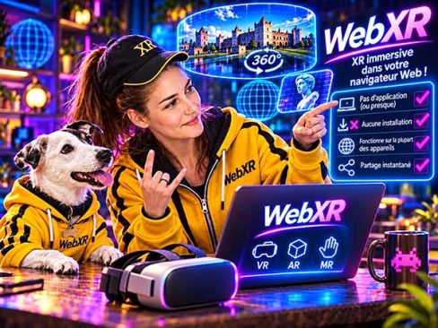 Michael Kolchesky et son chien illustrent WebXR, permettant d'accéder à des expériences de réalité virtuelle et augmentée depuis un navigateur compatible.