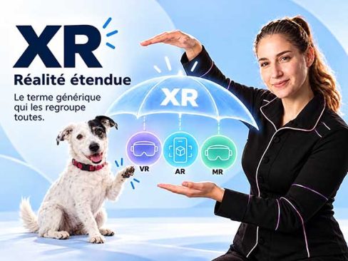Michael Kolchesky et son chien présentent un parapluie XR regroupant les technologies de réalité virtuelle VR, augmentée AR et mixte MR.