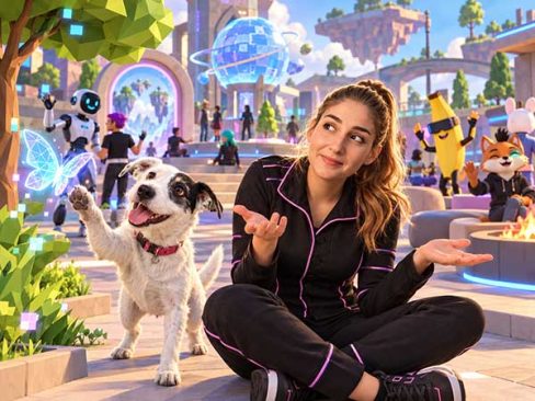 3D avatars of a woman and her dog exploring the Metaverse, surrounded by virtual characters, digital environments and interactive worlds.