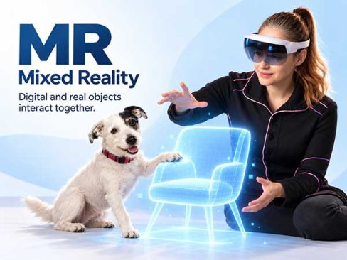 Woman wearing a mixed reality headset interacting with a virtual chair while her dog playfully places a paw on it.