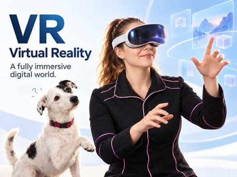 Woman wearing a VR headset while her curious dog watches her explore an immersive virtual reality experience.