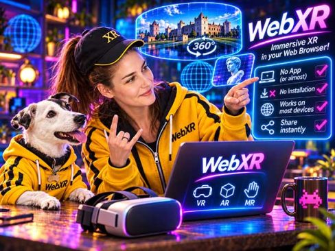 WebXR explained with Michaël Kolchesky and her dog, illustrating immersive VR, AR and MR experiences accessible through a web browser.